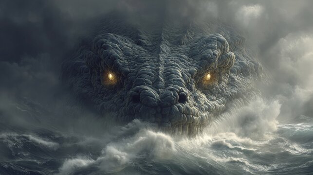 Watercolor painting of the Leviathan, Bible story.