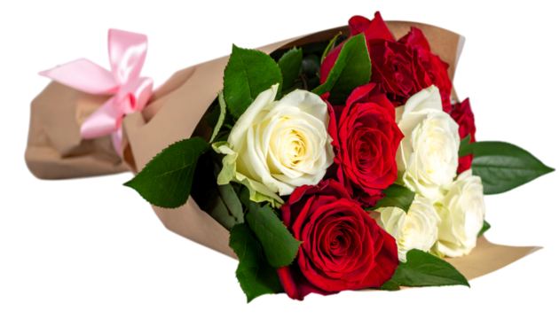 Timeless Roses Bouquet: A captivating bouquet of vibrant red and pristine white roses, artfully arranged and delicately wrapped, a symbol of love and appreciation. The perfect gift for any occasion.