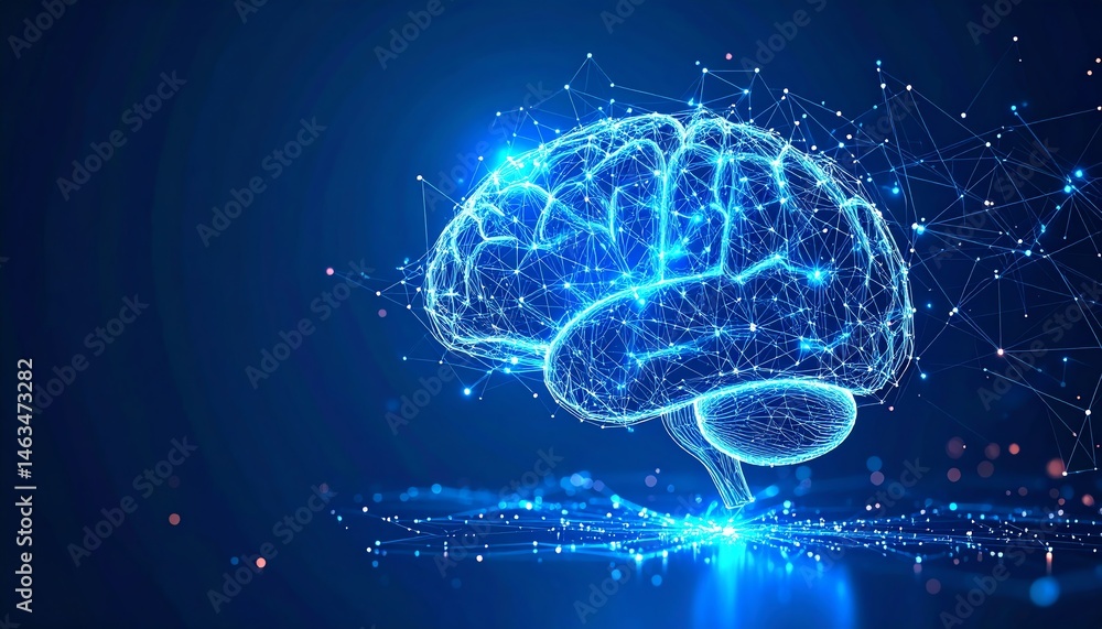 Poster a digital representation of a brain made of glowing lines and nodes, symbolizing neural connections 