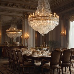 Elegant crystal chandelier illuminating a grand dining room with opulent lighting. Perfect for luxury interiors, hotels, and upscale decor. Sparkling, sophisticated, and stylish