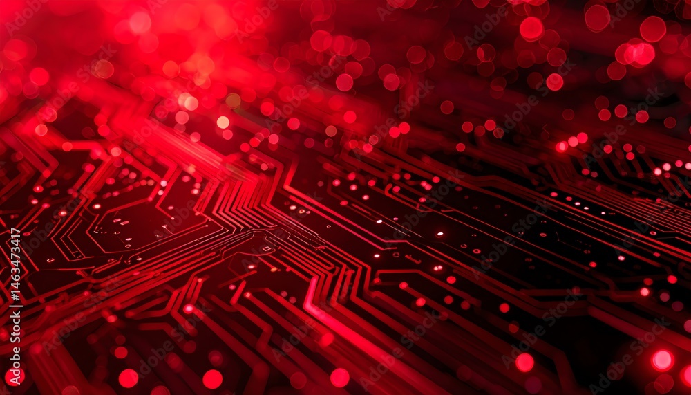 Poster a vibrant, abstract view of a red circuit board with intricate lines and glowing dots, representing 