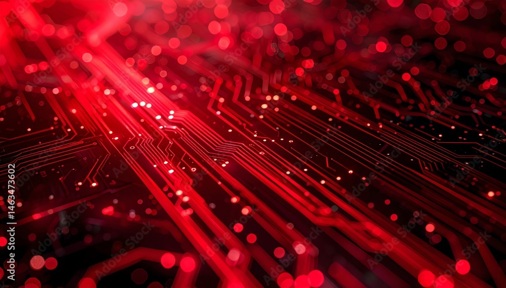 Poster a vibrant, abstract view of a circuit board with red lights, showcasing intricate patterns and techn