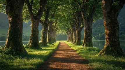 Serene path through a lush tree-lined avenue by a tranquil lake