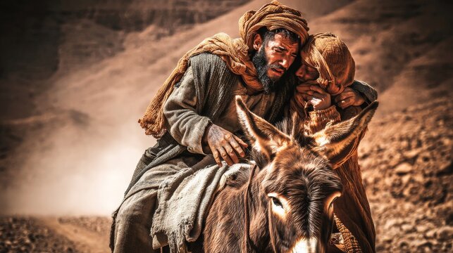 Good Samaritan helping to man, Bible story.