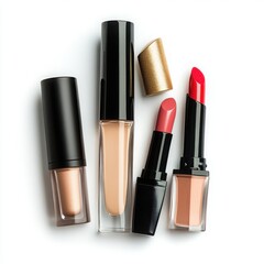 Obraz premium Cosmetics arrangement with lipsticks isolated on white background