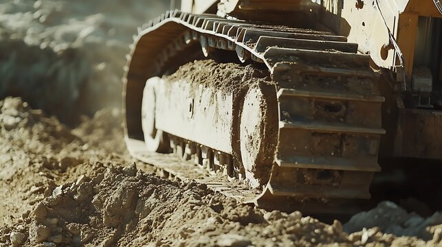 Close-up of a Bulldozer's Tracks on a Construction Site