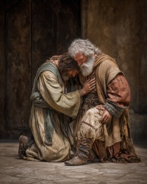 Fototapeta Father embracing his son, Bible story of the prodigal son.