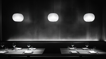 Dimly lit restaurant interior, three pendant lamps, minimalist setting, tables set for dinner