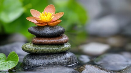Fototapeta premium Close up view of a yellow and orange flower delicately placed atop a stack of smooth, dark stones near a water source. The stones are various shades