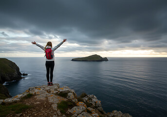 A woman with a backpack stands on a rocky cliff edge, arms outstretched, admiring a dramatic coastal view with the sea and a distant island under a cloudy sky