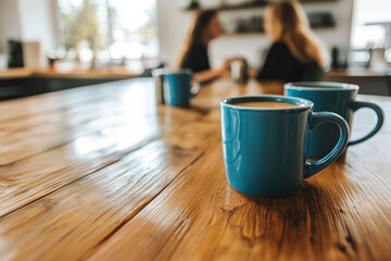 A bright office kitchen with a big table and coffee mugs, a couple of coworkers are discussing a work project while having their coffee