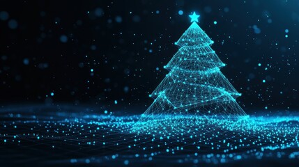 Geometric christmas tree illustration with digital teal lights on dark backdrop