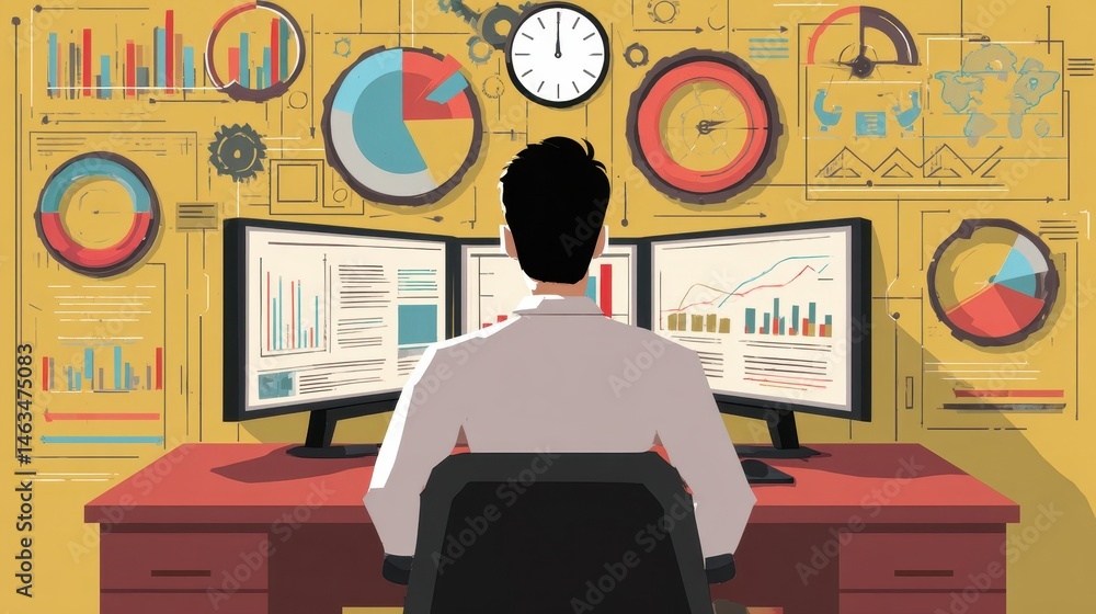 Poster businessman focused on multiple computer screens surrounded by data visualizations.