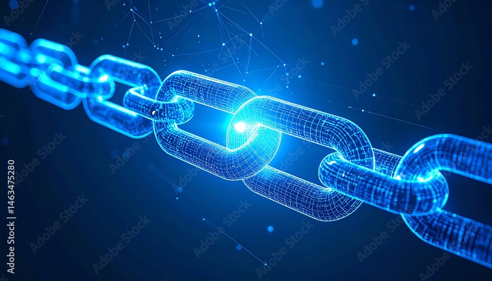Poster a glowing digital chain representing blockchain technology and connectivity in a futuristic design