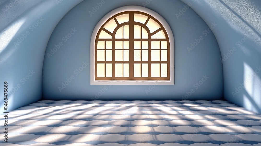 Poster sunlight streams through an arched window in a pale blue room with a patterned tile floor. the scene