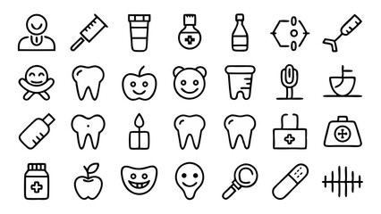 Comprehensive set of dentistry line icons in a clean linear outline perfect for dental websites applications or marketing related to oral care services
