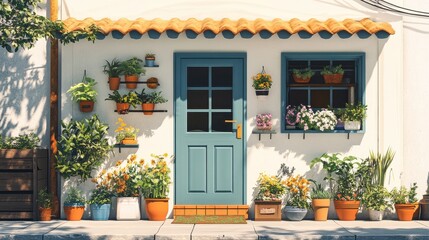 Sunlit Mediterranean style house exterior with teal door, abundant potted plants, and terracotta pots. Bright, cheerful flowers and greenery adorn