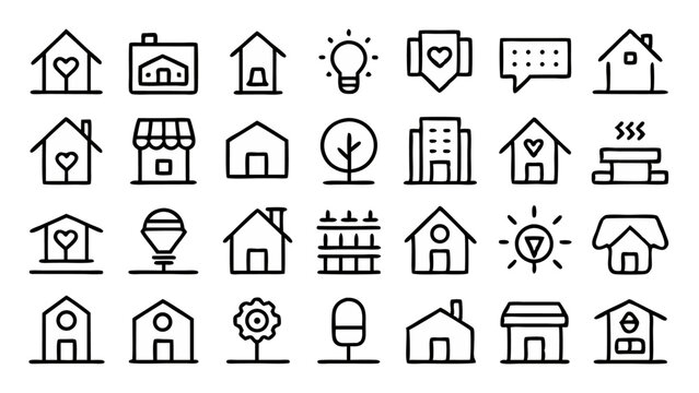 Simple linear icons for household themes featuring clean designs related to living spaces interior decor and residential services in a professional style
