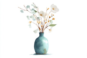 Watercolor teal vase with flowers.