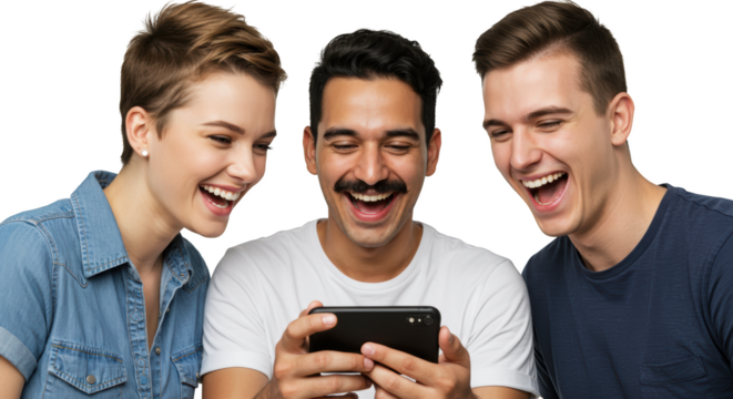 Diverse Group of Happy Friends Laughing While Looking at Smartphone