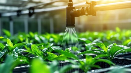 Automated sprinkler system watering seedlings in greenhouse