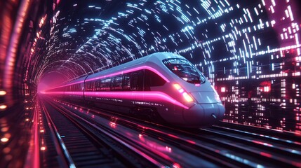 A high-speed train traveling through a neon-lit tunnel made of digital blocks