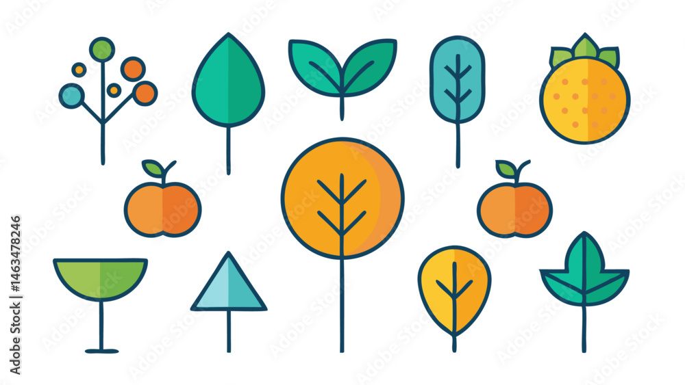 Poster collection of tree icons in linear style depicting roots trunks and branches suitable for nature the