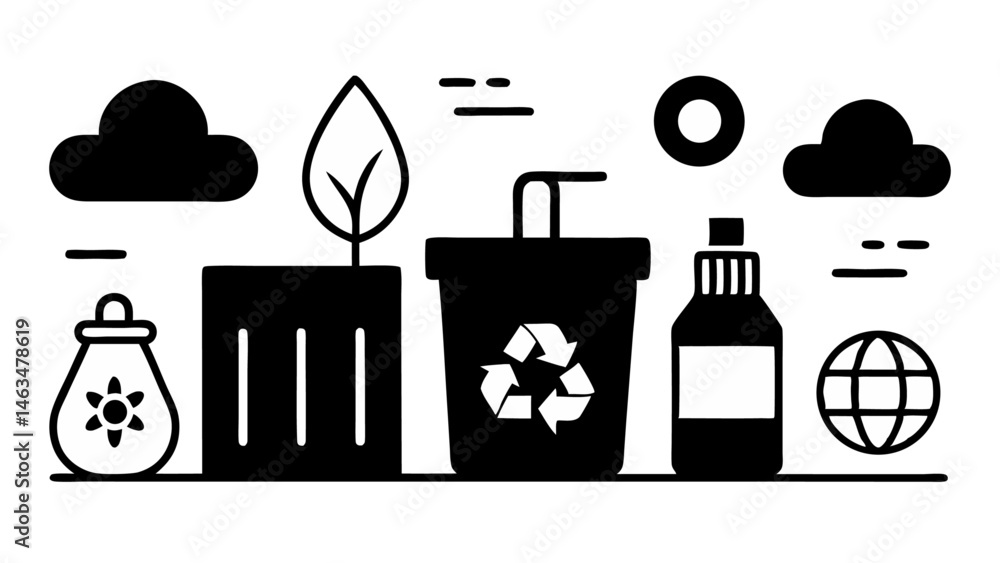 Poster line icon set for waste and garbage sorting representing recycling initiatives