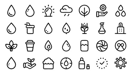 Line Icon Set Featuring Water Drop to Promote Eco-Friendly and Natural Cleanliness