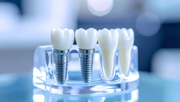 Dental implants displayed in a clear holder, showcasing a modern solution for tooth replacement with a clean, professional aesthetic