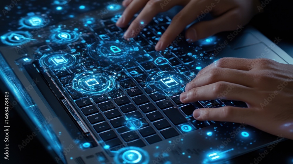 Poster hands typing on laptop keyboard with futuristic digital interface elements