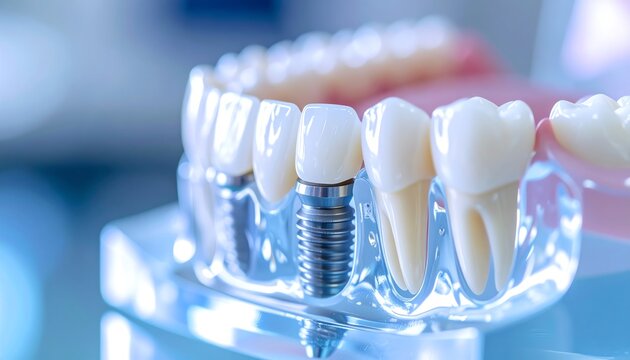 A close-up of a dental implant model showcasing realistic teeth and an implant fixture against a blurred background
