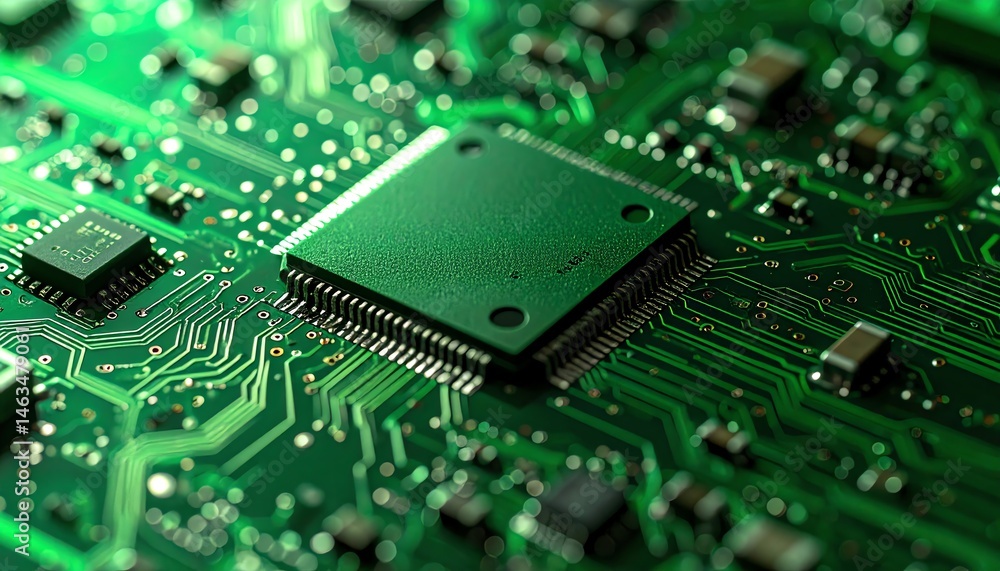 Aufkleber a close-up view of a green circuit board featuring a microchip and various electronic components