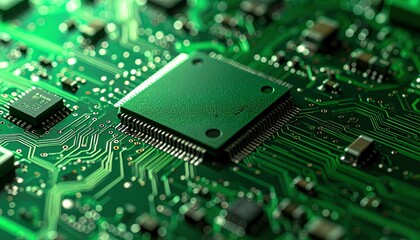 A close-up view of a green circuit board featuring a microchip and various electronic components