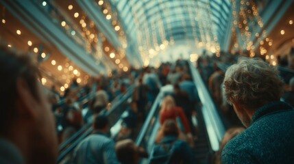 Fototapeta premium Crowded Escalator in a Modern Shopping Mall with Festive Lights and Busy Atmosphere
