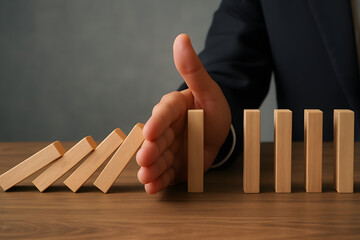 Domino Effect Prevention: A focused individual skillfully prevents a chain reaction, highlighting the importance of control and management. 