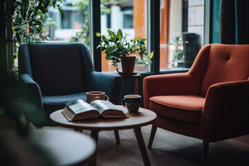 A small office lounge area with a coffee table and armchairs, a person is enjoying their coffee while reading a book