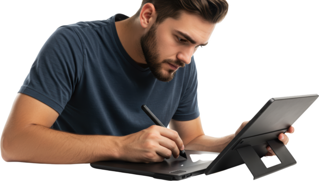 Focused Young Man Using Graphics Tablet for Digital Art and Design Work - Powered by Adobe