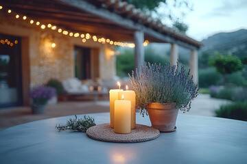 Illuminated Yellow Candles and Lavender Pot on Outdoor Table at Dusk