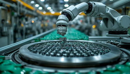 Industrial Robot Arm Handling Metal Spheres on Conveyor Belt