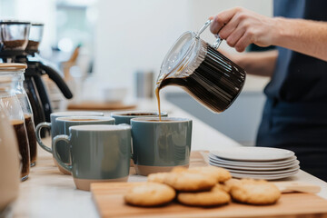 An office kitchen with coffee cups and plates on the table, a person is pouring coffee into a mug while another coworker grabs a cookie