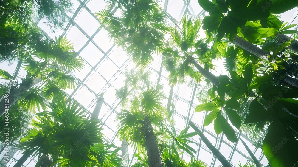 Poster グリーンヤシの木が並ぶガラス屋根の植物園のローアングルビュー 日光が差し込む明るい内部の様子