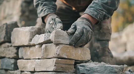 Construction Worker Laying Stone Blocks