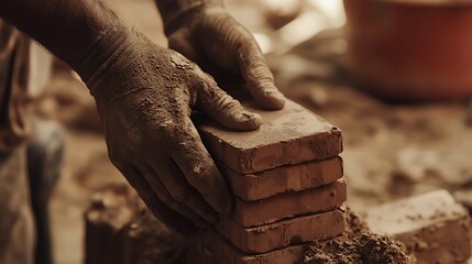 Hands Molding Clay Bricks