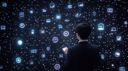 Businessman interacting with digital interface showing data and network connections