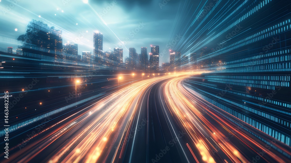 Aufkleber 高速道路のぼかしと都市景観の夜景 テクノロジーが加速する未来的なコンセプト