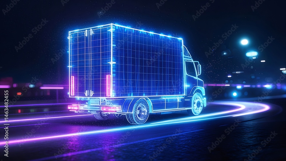 Aufkleber ネオンライトが付いたデジタル トラックが夜の街の道路を走行 抽象的なテクノロジーと未来コンセプト