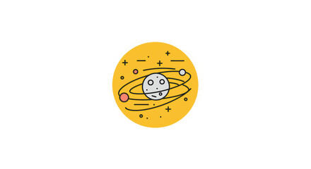 Obraz premium Solar System Icon: Yellow Circle with Planet and Orbiting Satellites