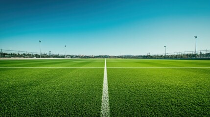 Vibrant artificial turf of a pristine soccer field under a clear sky