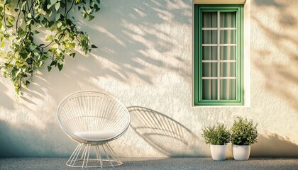 Modern Outdoor Chair on Sunny Patio with Dappled Shadows, Green Plants - Tranquil Minimali